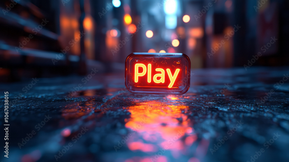 Poster a floating play icon with a subtle metallic-neon glow, creating a soft, futuristic ambiance on a dar