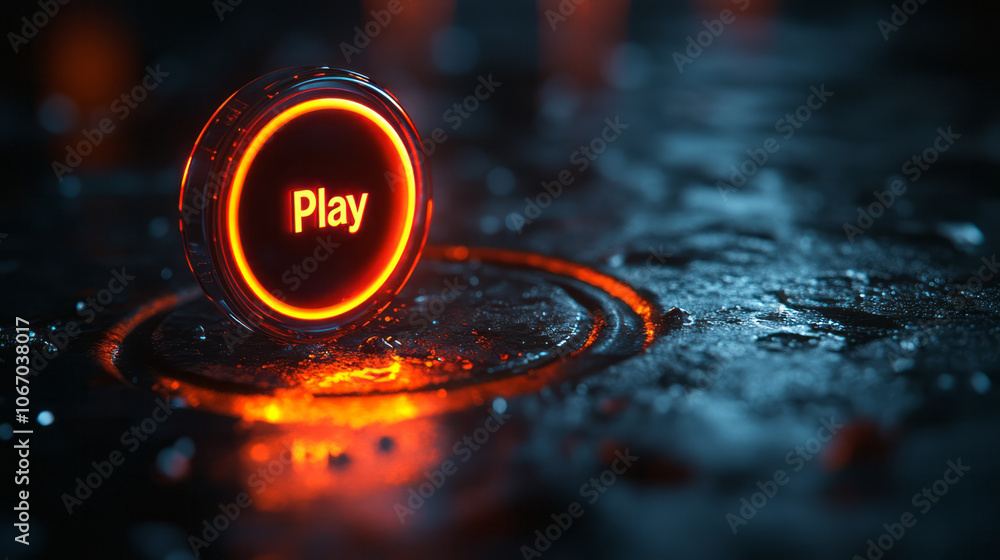 Poster a floating play icon with a subtle metallic-neon glow, creating a soft, futuristic ambiance on a dar
