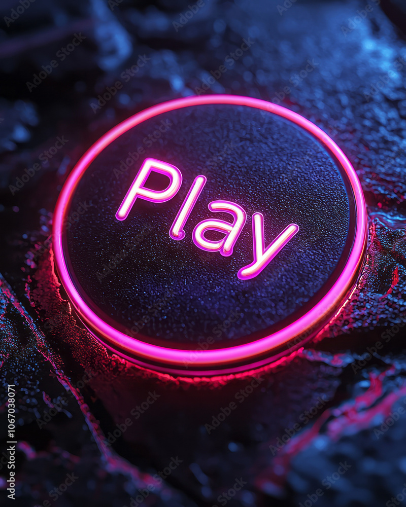 Poster a minimal play button with neon highlights, casting a soft glow on a black background, emphasizing a