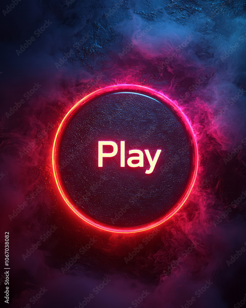 Poster a minimal play button with neon highlights, casting a soft glow on a black background, emphasizing a