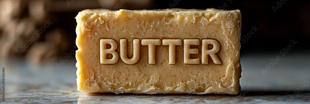 Poster close-up of a smooth butter block with the word butter embossed, placed on a minimal, light backgrou