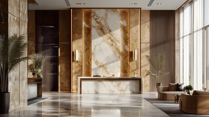 A Super Realistic 3D Hotel Lobby Featuring Subtle Luxurious Touches and Modern Design