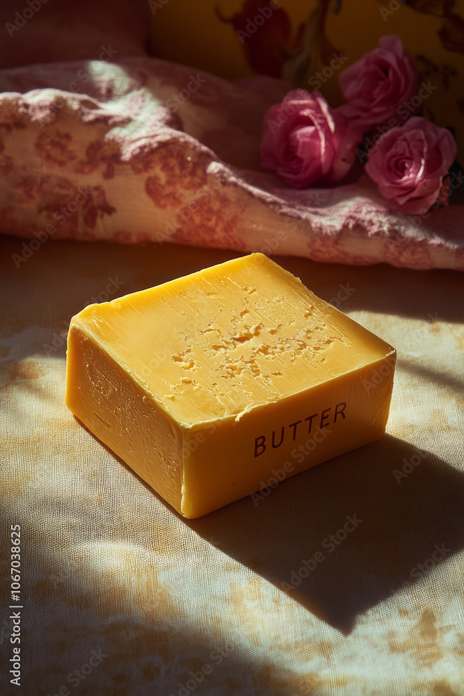 Poster a close-up of a smooth butter block with butter text in bold, sitting on a plain, light-colored back
