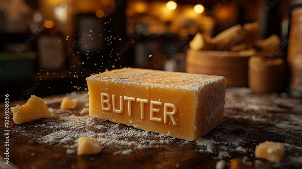 Poster a small block of butter with the word butter in bold text, centered on a simple, matte background fo
