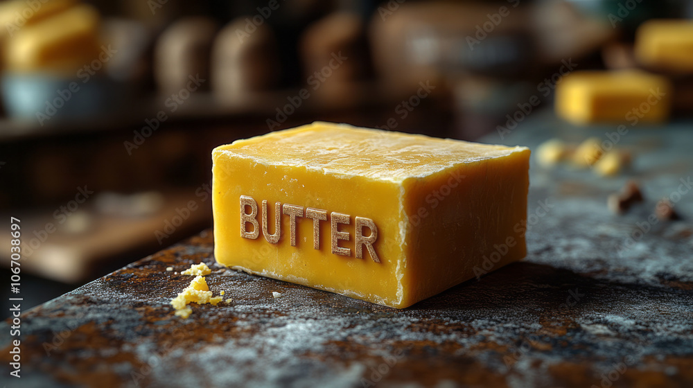Poster a small block of butter with the word butter in bold text, centered on a simple, matte background fo