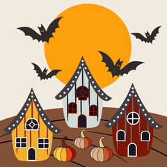 A whimsical Halloween scene with three adorable houses each with unique features like polka dots stripes and windows