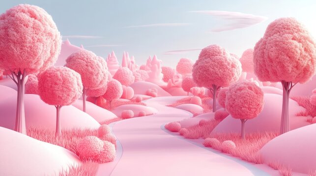 A whimsical, vibrant image of a forest filled with pink trees and paths.