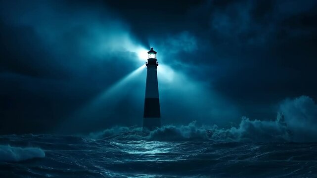 A lighthouse stands tall against the stormy sea, its beacon cutting through the darkness of the night