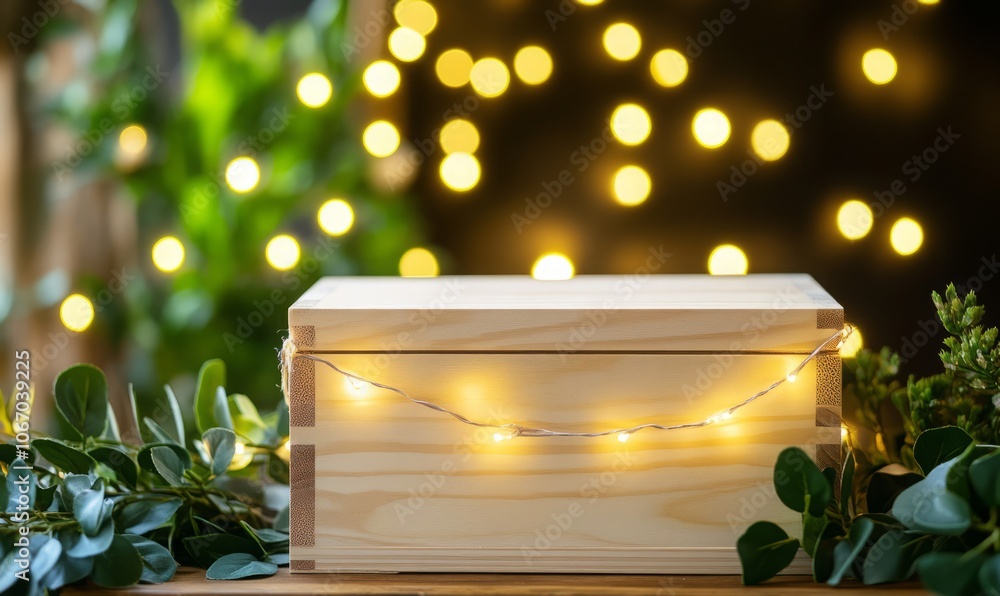 Poster elegant wooden box on a table with soft background lights and greenery.