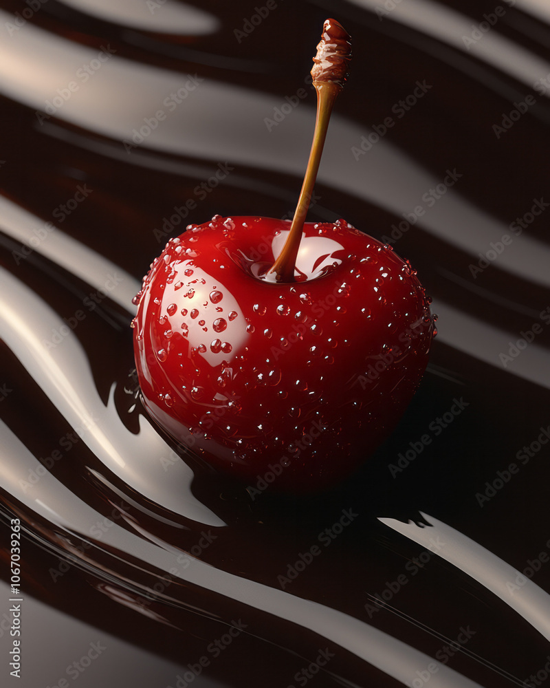 Poster a single, rich-colored cherry with a glossy finish and subtle hints of liquid, resting on a smooth, 