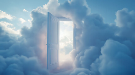 An open door surrounded by clouds in the sky, A dreamlike and surreal atmosphere