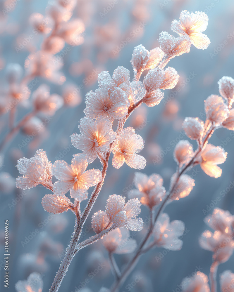 Poster delicate frost patterns forming on a transparent background, with a subtle light creating a serene w
