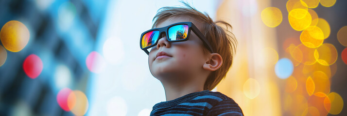 A boy wearing augmented reality glasses stands amidst a colorful urban backdrop, capturing youthful energy and technology.