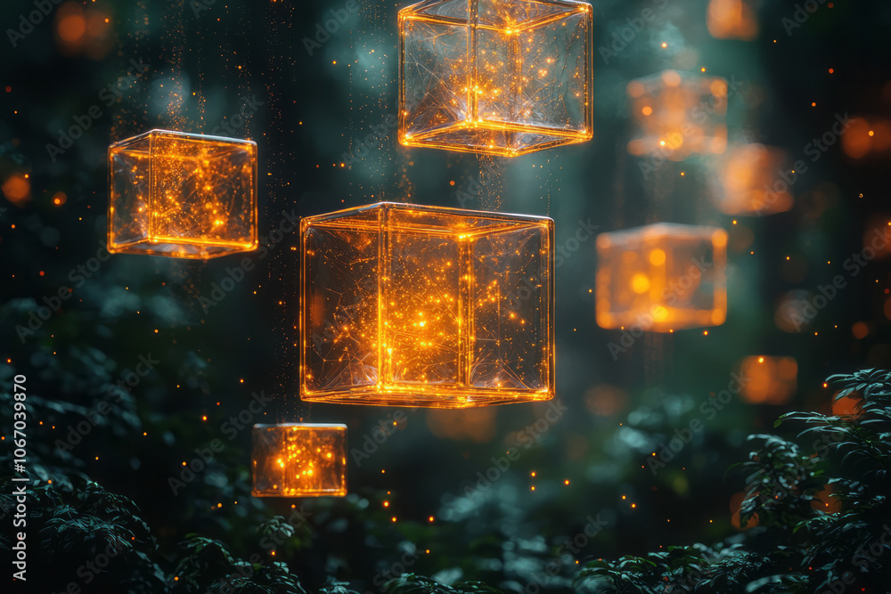 Aufkleber an abstract geometric structure with soft golden bokeh lights floating on a rich, dark green backgro