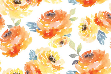 Seamless pattern of rose, blooming flowers painted in watercolor on white background.For fabric luxurious and wallpaper, vintage style.Hand drawn botanical floral colorful pattern.