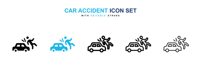 Car accident icon set in black and blue color