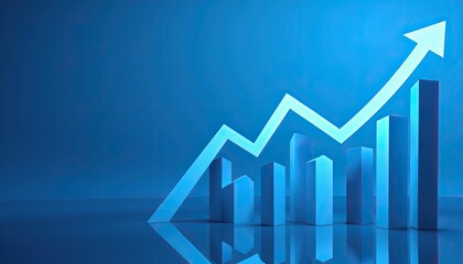 Blue graph with upward arrow on reflective surface: business growth and success