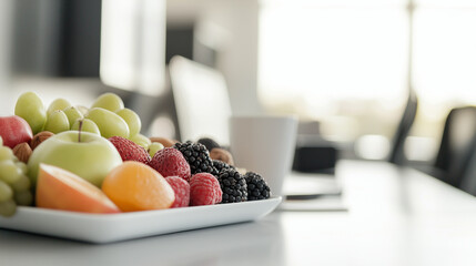Healthy Fruit and Nut Platter on Modern Office Desk © forenna