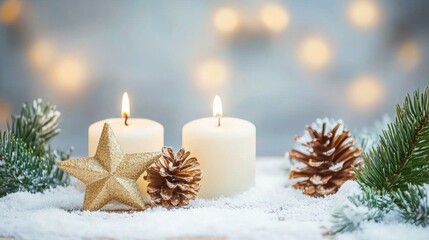 Christmas candles, pine cones, red berries, festive holiday decor.