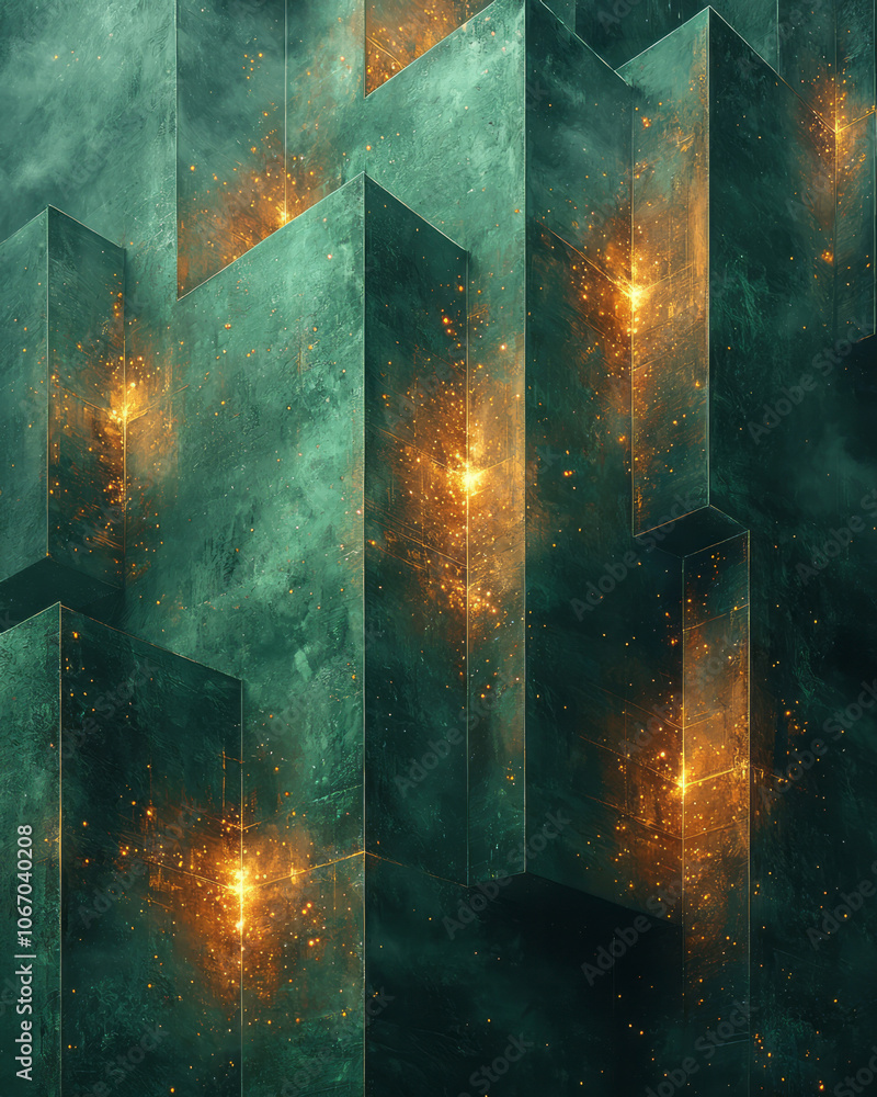 Poster an abstract geometric form with floating golden lights, highlighted on a deep green background for a