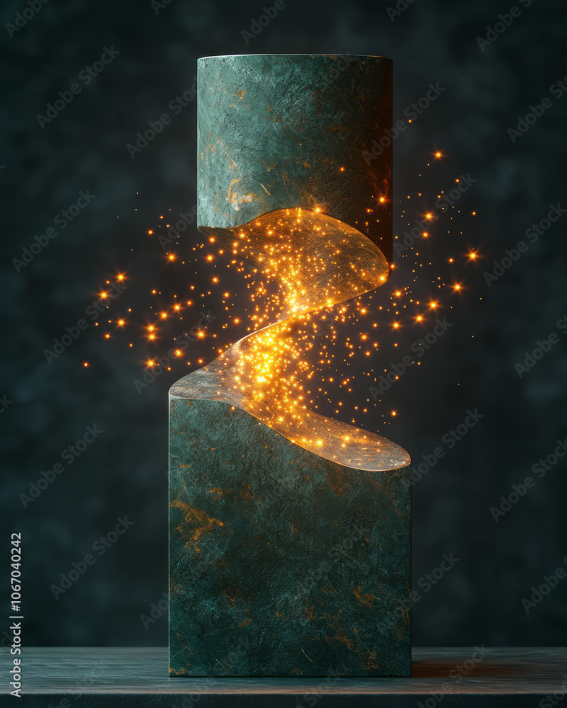 Poster an abstract geometric form with floating golden lights, highlighted on a deep green background for a