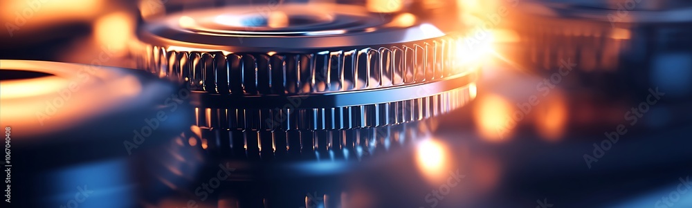 Poster a close-up view of interlocking metal gears with a warm glow, highlighting their intricate details a