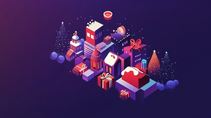 isometric logo factory, christmas scene 