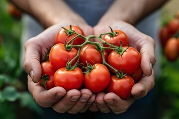 Two hands hold a bunch of vibrant, fresh tomatoes just picked from the garden.