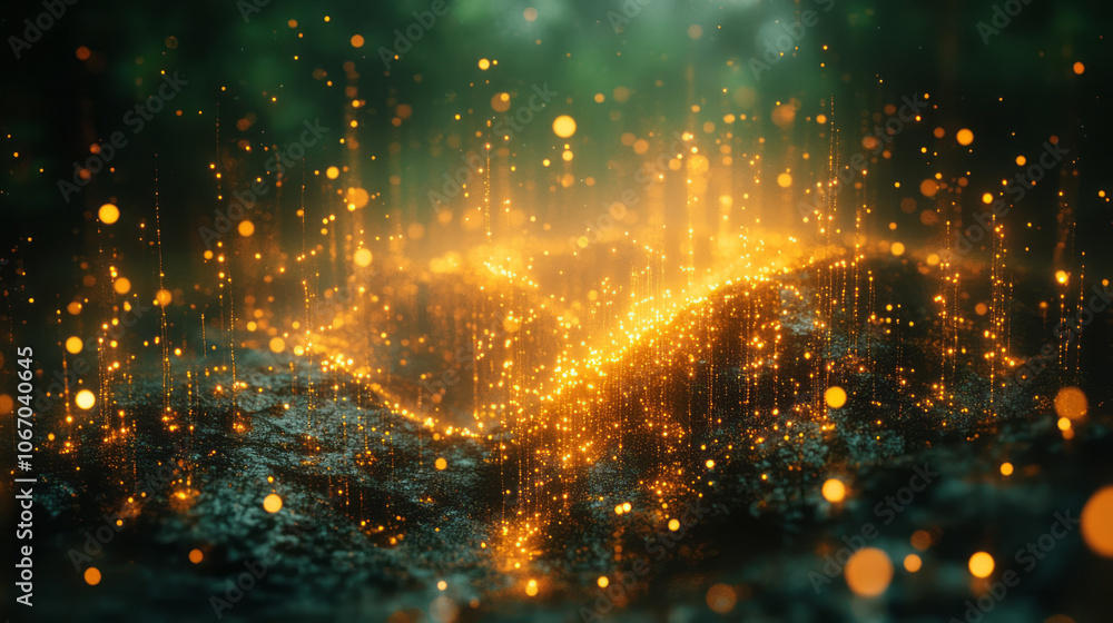 Poster golden bokeh lights softly illuminating an abstract structure of geometric shapes on a dark green ca