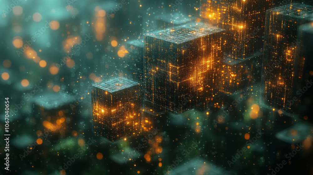 Poster golden bokeh lights softly illuminating an abstract structure of geometric shapes on a dark green ca