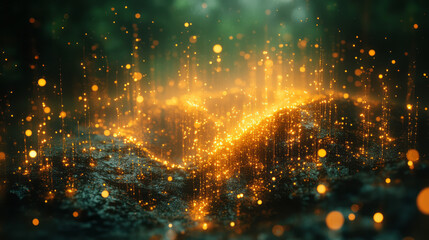 Obraz premium Golden bokeh lights softly illuminating an abstract structure of geometric shapes on a dark green canvas,