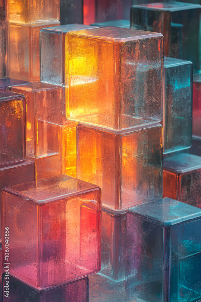 Poster colorful stacked squares forming an abstract 3d pattern, with vibrant hues adding depth and energy,