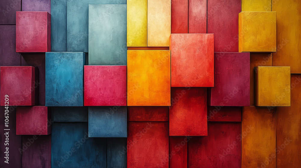 Poster overlapping squares in vibrant colors arranged in a stacked 3d design, forming a bold, abstract stru