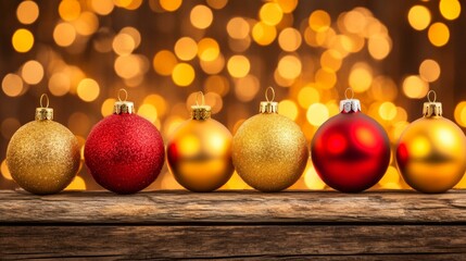 Christmas ornaments on wooden table with blurred festive lights.