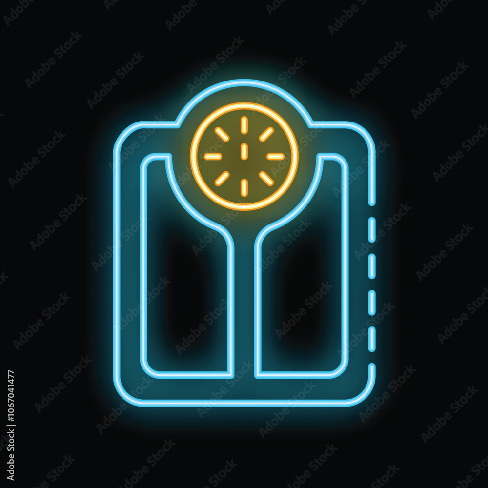 Poster glowing neon icon of a weighing scale with a clock, symbolizing the concept of time management in we
