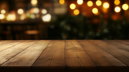 Wooden table with warm bokeh lights creating cozy ambiance.