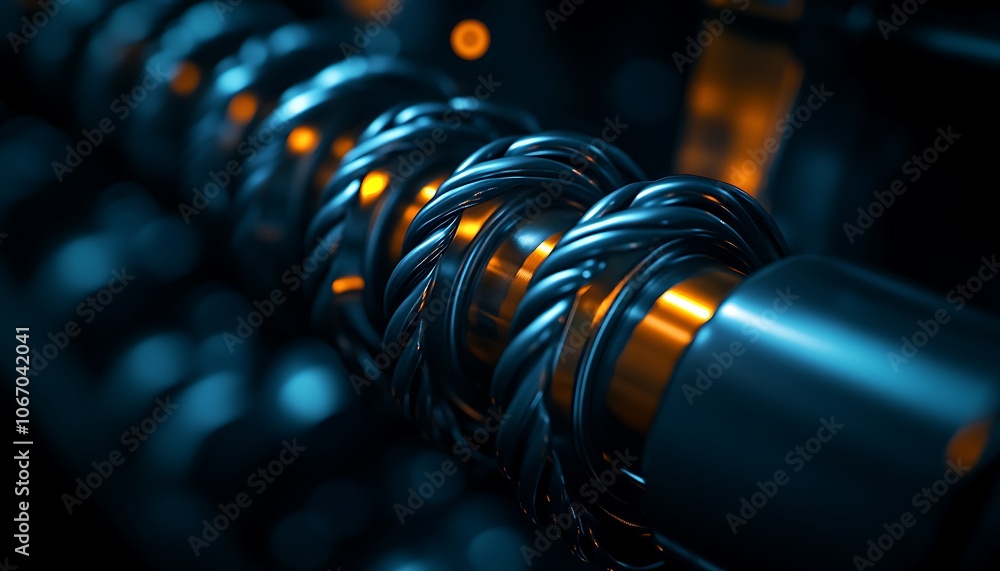 Poster A close-up of a metallic coil intertwined with a sleek design, illuminated by warm light, creating a captivating industrial aesthetic.