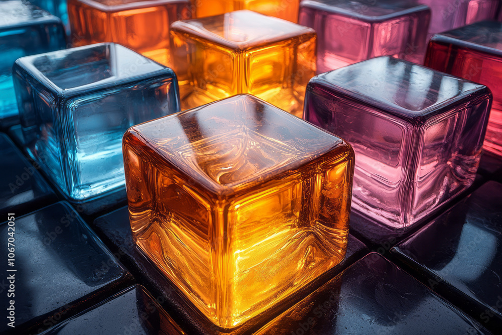 Aufkleber multicolored glass cubes arranged in a minimalist setting, with abstract light reflections adding de
