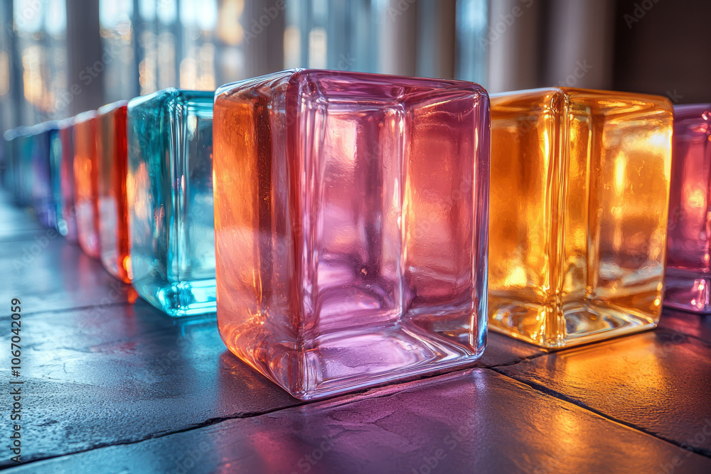 Aufkleber multicolored glass cubes arranged in a minimalist setting, with abstract light reflections adding de
