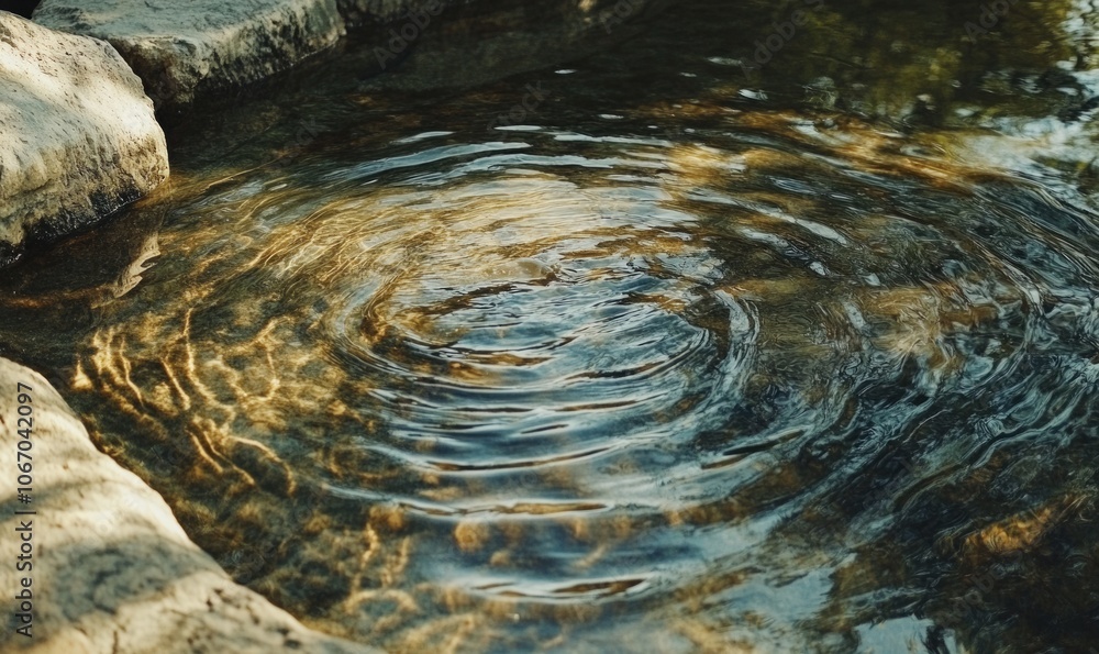 Poster flowing water creates intricate patterns over smooth rocks in a serene natural setting illuminated b