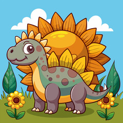 Fototapeta premium A cute cartoon illustration of a dinosaur standing next to a sunflower. The dinosaur has a friendly expression and is perfect for children's books, educational materials.