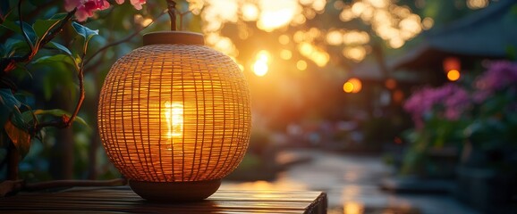 Obraz premium Warm Sunset Glow Illuminates a Traditional Bamboo Lantern in a Tropical Garden
