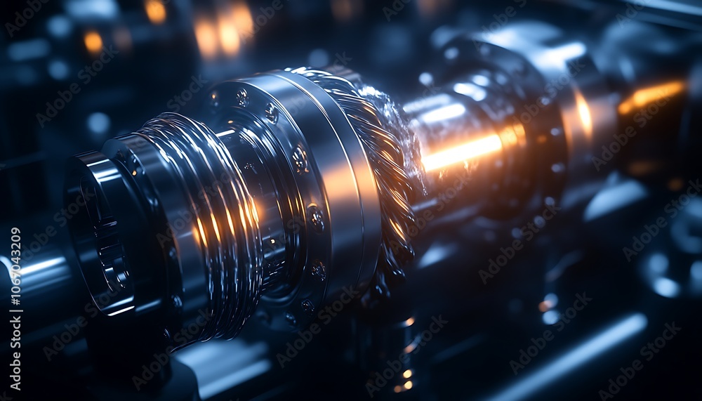 Poster a close-up view of intricate metallic machinery, highlighting shiny gears and components against a b
