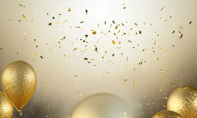 Gold balloons and confetti against a white background create a festive celebration. Perfect for party invitations, holiday designs, and announcements.