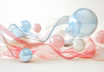 Abstract Art with Wavy Transparent Ribbons and Reflective Spheres