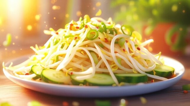 Fresh bean sprouts and crisp cucumber served as a flavorful namul side dish healthy Korean cuisine