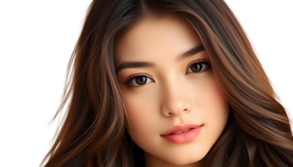 Portrait of a woman with voluminous, wavy brunette hair and a subtle makeup look, placed against a neutral background