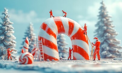 3D miniature crew painting stripes on a giant candy cane, making it ready for Christmas