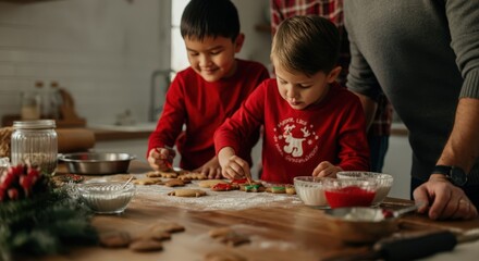 Two children decorating gingerbread cookies on a wooden table with red and green icing during christmas season