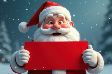 A cheerful smiling Santa in a hat, suit and white gloves holds a blank red sheet of paper in his hands. Close-up. Cartoon. Christmas, New Year